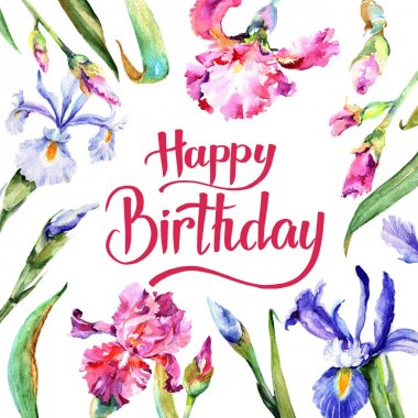 Kır çiçeği Iris çiçek çerçeve suluboya tarzında.