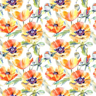 Kır çiçeği haşhaş çiçek deseni suluboya tarzında.