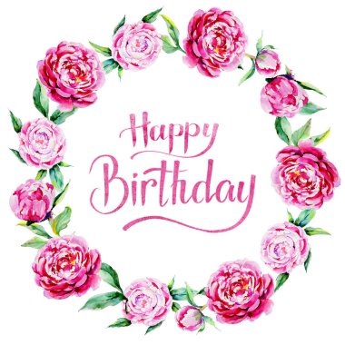 Kır çiçeği peony çiçek çelenk suluboya tarzında.