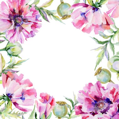 Kır çiçeği haşhaş çiçek çerçeve suluboya tarzında.