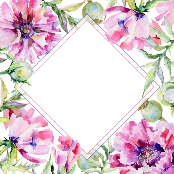 Wildflower poppy flower frame in a watercolor style.