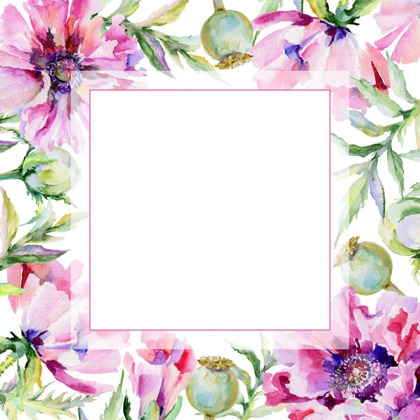 Kır çiçeği haşhaş çiçek çerçeve suluboya tarzında.