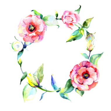 Kır çiçeği eustoma çiçek çelenk suluboya tarzında.