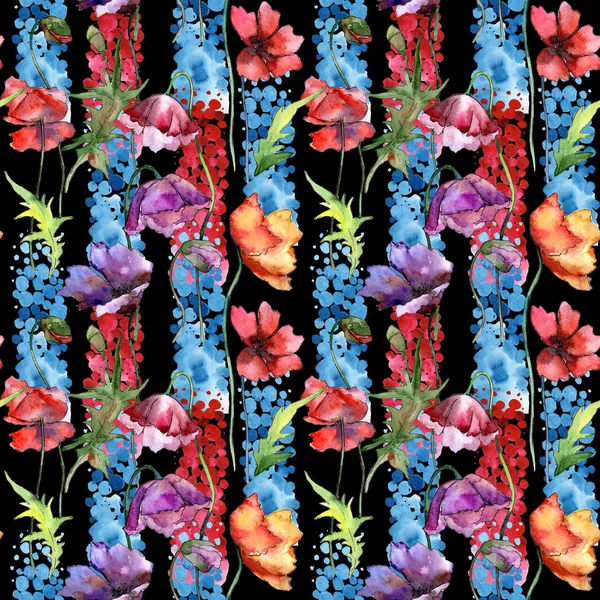 水彩画のワイルドフラワー ケシの花のパターン. — ストック写真