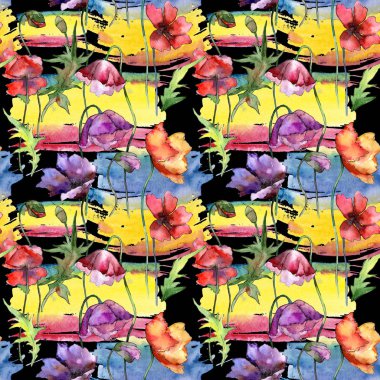 Kır çiçeği haşhaş çiçek deseni suluboya tarzında.