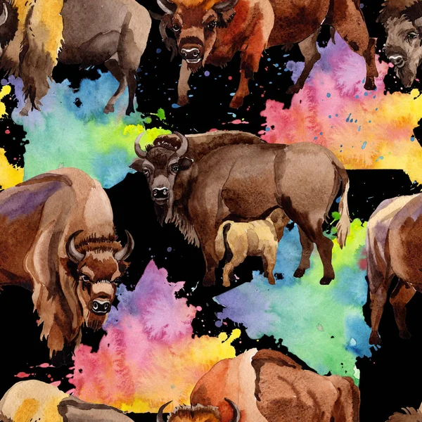 Exotiska bison vilda djur mönster i akvarell stil. — Stockfoto