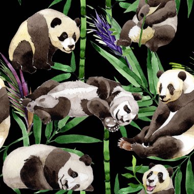 Tropikal mix bambu ağacı ve panda desen suluboya tarzında.