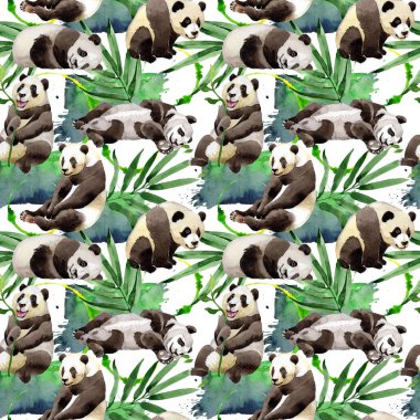 Tropikal mix bambu ağacı ve panda desen suluboya tarzında.