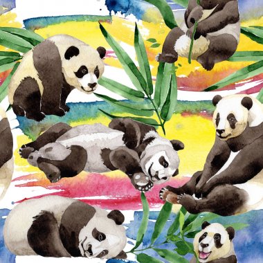 Tropikal mix bambu ağacı ve panda desen suluboya tarzında.