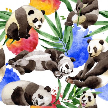 Tropikal mix bambu ağacı ve panda desen suluboya tarzında.