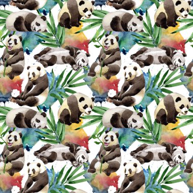 Tropikal mix bambu ağacı ve panda desen suluboya tarzında.