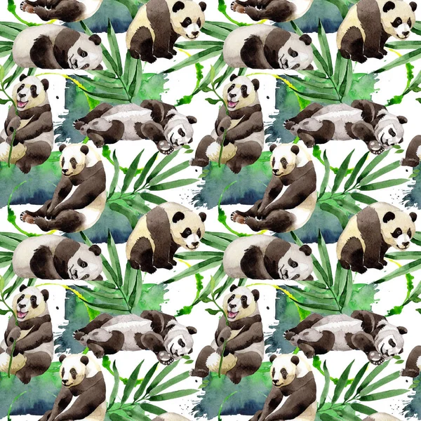 Tropisk blandning bambu träd och panda mönster i akvarell stil. — Stockfoto