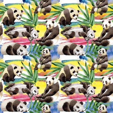 Tropikal mix bambu ağacı ve panda desen suluboya tarzında.