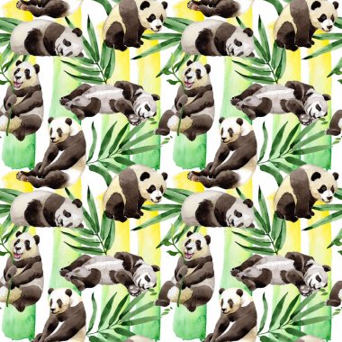 Tropikal mix bambu ağacı ve panda desen suluboya tarzında.