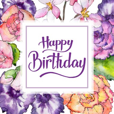 Kır çiçeği begonia çiçek çerçeve suluboya tarzında.