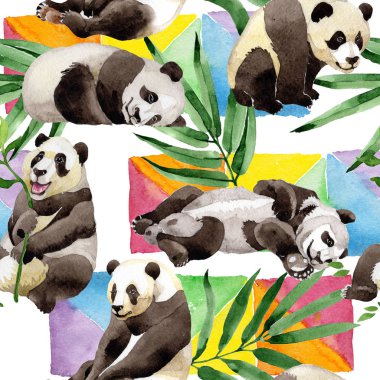 Tropikal mix bambu ağacı ve panda desen suluboya tarzında.