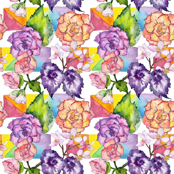水彩画のワイルドフラワー ベゴニアの花のパターン. — ストック写真