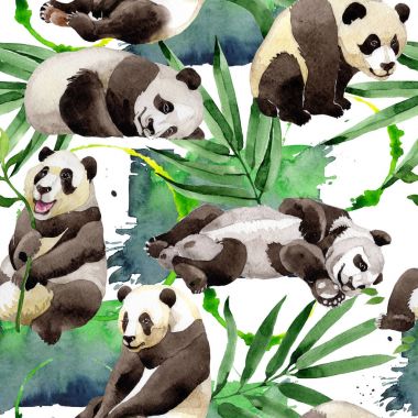 Tropikal mix bambu ağacı ve panda desen suluboya tarzında.