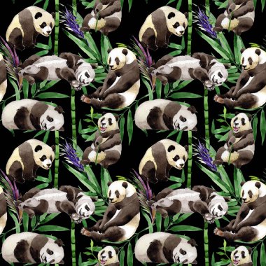 Tropikal mix bambu ağacı ve panda desen suluboya tarzında.