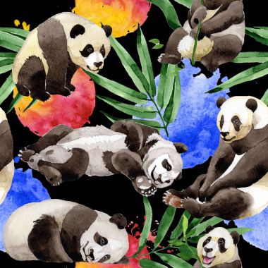Tropikal mix bambu ağacı ve panda desen suluboya tarzında.