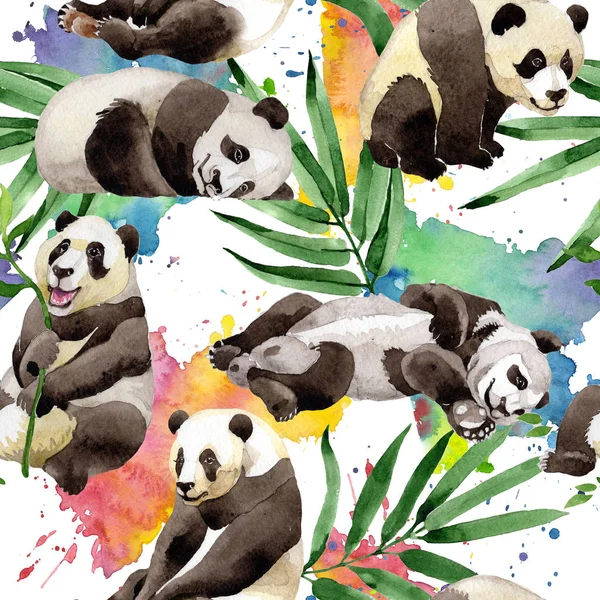 Tropical mix bamboo tree and panda pattern in a watercolor style.