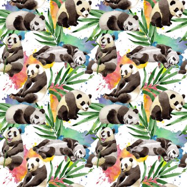Tropikal mix bambu ağacı ve panda desen suluboya tarzında.