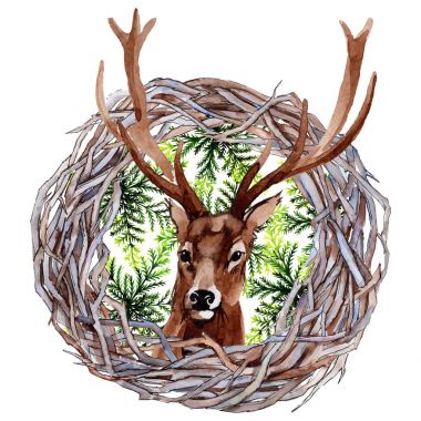 Orman dal dalları çelenk izole bir elle çizilmiş suluboya tarzında.