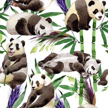 Tropikal mix bambu ağacı ve panda desen suluboya tarzında.