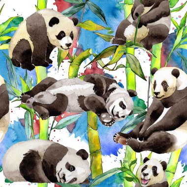 Tropikal bambu ağacı ve panda desen suluboya tarzında.