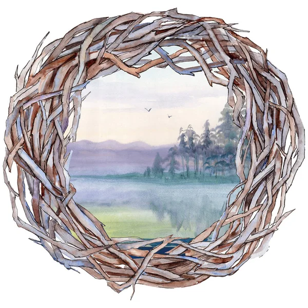 Forest twig branches wreath in a hand drawn watercolor style isolated. — Stock Photo, Image
