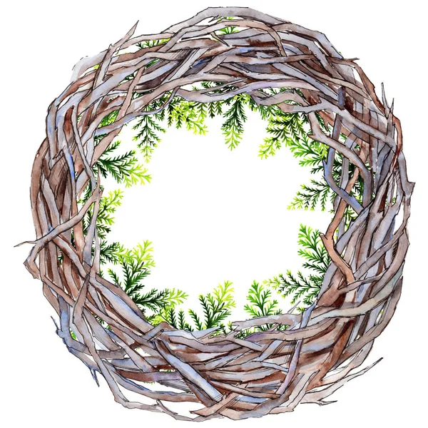 Forest twig branches wreath in a hand drawn watercolor style isolated. — Stock Photo, Image