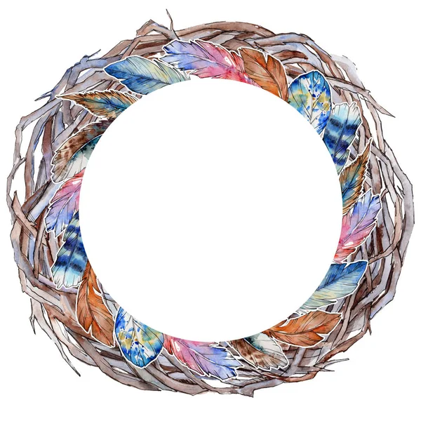 Forest twig branches wreath in a hand drawn watercolor style isolated. — Stock Photo, Image