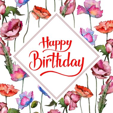 Kır çiçeği haşhaş çiçek çerçeve suluboya tarzında.