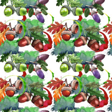 Orman meşe palamudu desen bir elinde suluboya tarzı çizilmiş.