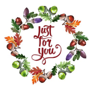 Orman meşe palamudu çelenk bir elinde suluboya tarzı çizilmiş.