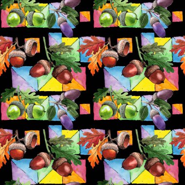 Orman meşe palamudu desen bir elinde suluboya tarzı çizilmiş.