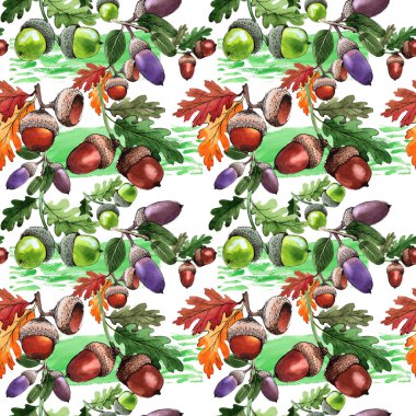 Orman meşe palamudu desen bir elinde suluboya tarzı çizilmiş.