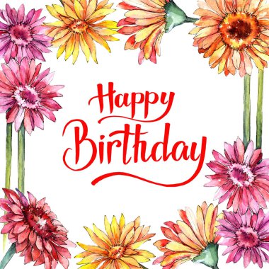 Kır çiçeği gerbera çiçek çerçeve suluboya tarzında.