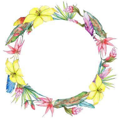 Tropik bitkiler çelenk suluboya tarzında.