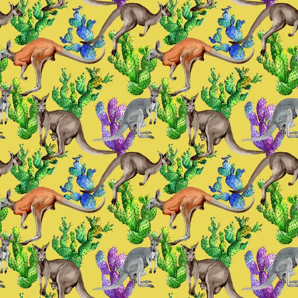 水彩風のエキゾチックなカンガルー野生動物のパターン. — ストック写真