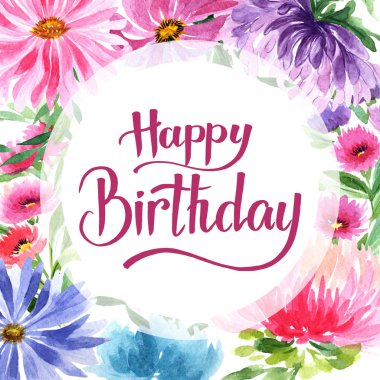 Kır çiçeği aster çiçek çerçeve suluboya tarzında.