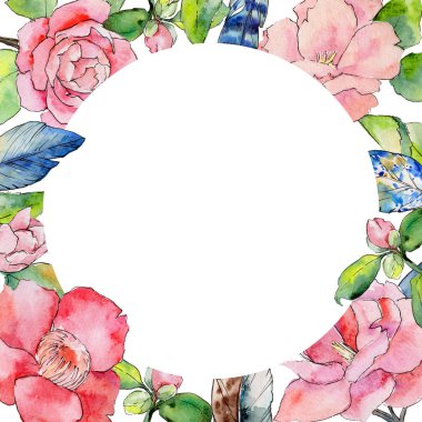 Kır çiçeği kamelya çiçek çerçeve suluboya tarzında.