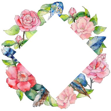 Kır çiçeği kamelya çiçek çerçeve suluboya tarzında.