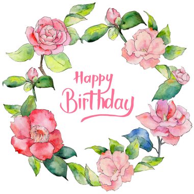 Kır çiçeği kamelya çiçek çelenk suluboya tarzında.