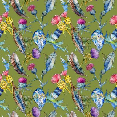 Kır çiçeği thistle çiçek deseni suluboya tarzında.