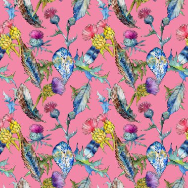 Kır çiçeği thistle çiçek deseni suluboya tarzında.