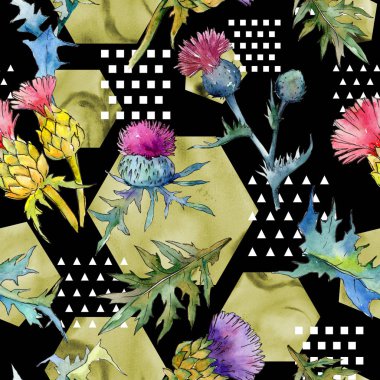 Kır çiçeği thistle çiçek deseni suluboya tarzında.