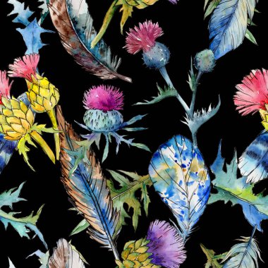 Kır çiçeği thistle çiçek deseni suluboya tarzında.