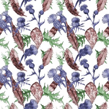Kır çiçeği thistle çiçek deseni suluboya tarzında.