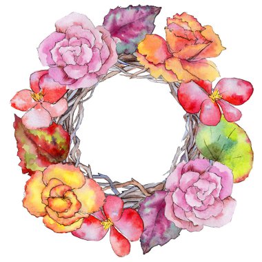 Kır çiçeği begonia çiçek çelenk suluboya tarzında.